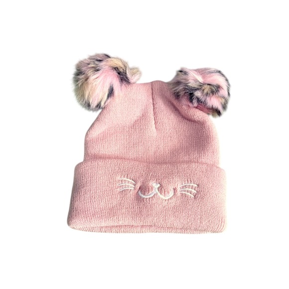 Source Unknown Accessories - Pink Beanie Hat with Cat Ears and Faux Fur Pom Poms for Women kawaii vibes